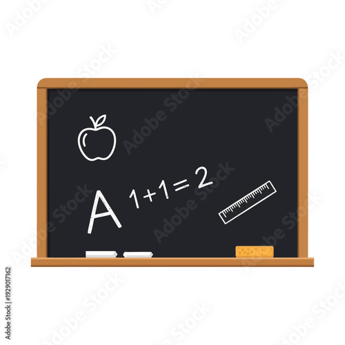 School blackboard with education symbols, chalk, and eraser