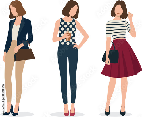 Three women standing in different stylish outfits with handbags and accessories