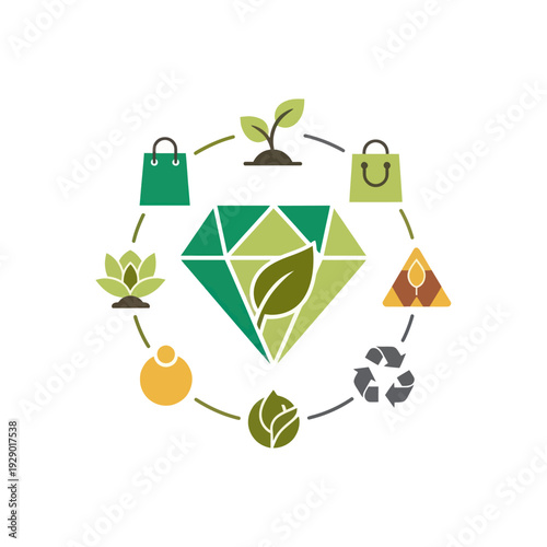 Sustainability icons surrounding a green diamond with a leaf