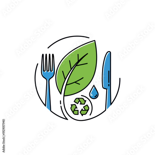 Healthy food, recycling, and water icons in line art style