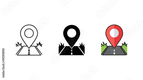 Three location pin icons with fire and grass design for travel, mapping, and business concepts