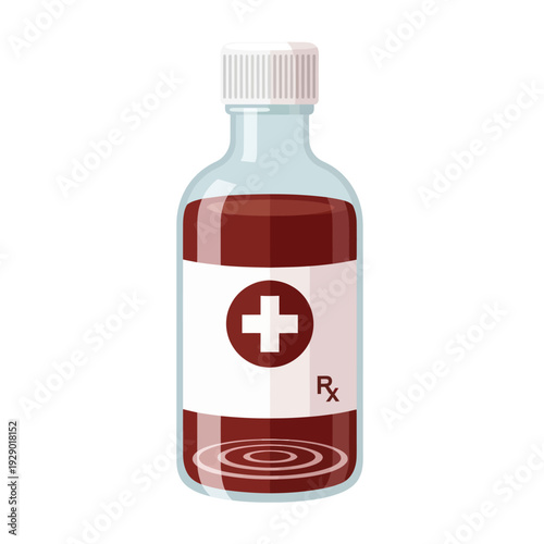 Red liquid medicine bottle with cross and Rx symbols