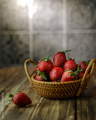 Organic Fresh Strawberries in Rustic Wicker Basket on Wooden Table with Natural Light