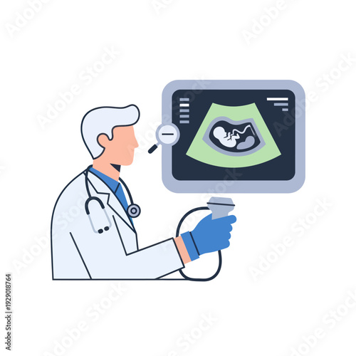 Doctor performing ultrasound scan of a fetus on screen
