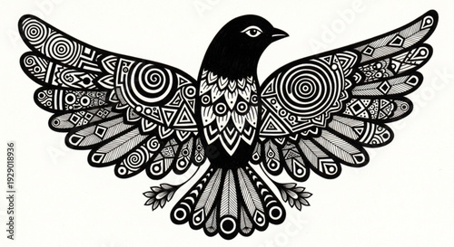 Stunning black and white bird illustration with intricate patterns