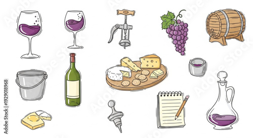 Collection of wine and cheese related items and accessories.