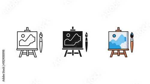 Creative artist palette evolution stages on wooden easel with blank canvas for painting process illustration