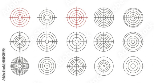 Collection of various crosshair reticle designs for targeting.