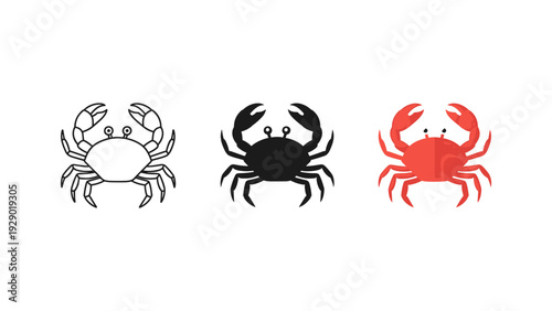 Three cartoon crabs isolated on white background, vector illustration, seafood, marine life icons