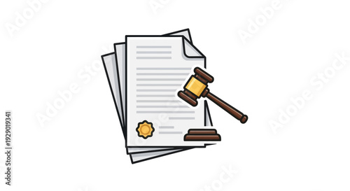 Judge's gavel with court papers and seal illustration
