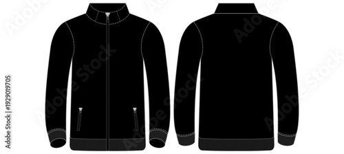 Black Men’s Zip-Up Track Jacket Technical Flat Sketch Front and Back View