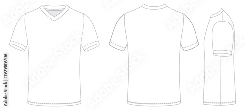 Men’s V-Neck Short Sleeve T-Shirt Technical Flat Sketch Front Back and Side View