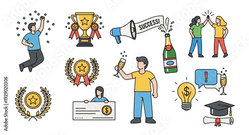 Collection of success and achievement icons and illustrations.