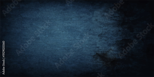 A dark blue grunge texture features a weathered vintage paper pattern on a rough concrete wall surface with an aged black chalkboard backdrop design