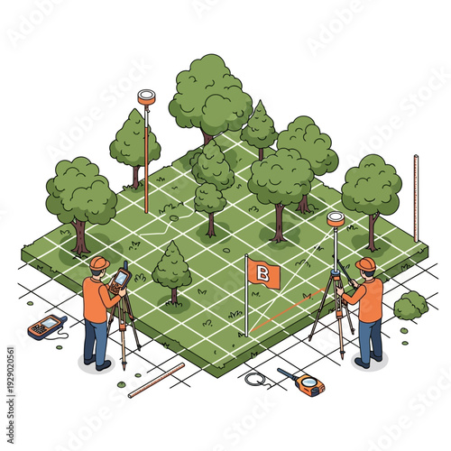 Land surveyors measuring and mapping a plot with trees.