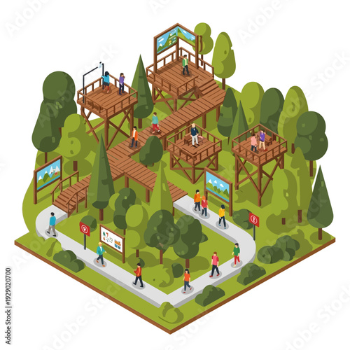 Elevated wooden walkways and viewing platforms in a forest with people walking and observing nature.