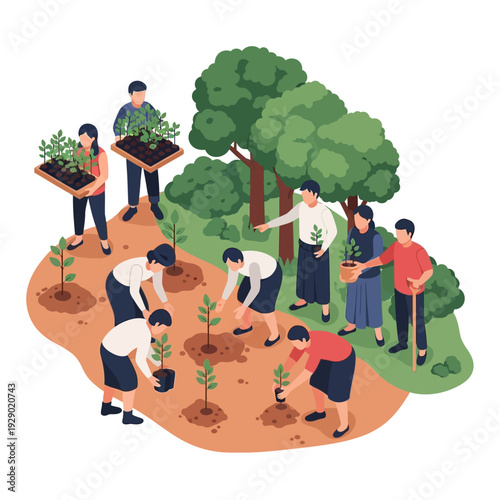 Group of people planting trees and gardening together outdoors.