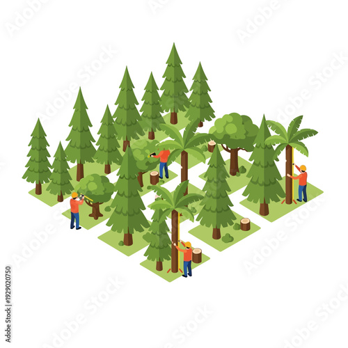 Isometric illustration of forest with workers cutting down trees.
