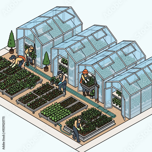 Greenhouse farm with people working among plants and greenhouses.
