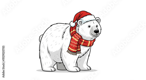Adorable polar bear in festive Santa hat and red scarf