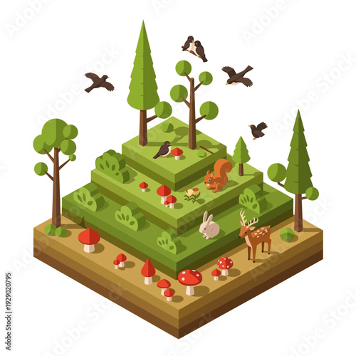 Isometric illustration of a forest ecosystem with animals and plants.