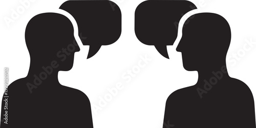 Two silhouetted heads facing each other with speech bubbles, representing dialogue and conversation