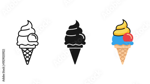Three colorful cartoon ice cream cones with swirls and fruit toppings isolated on white background