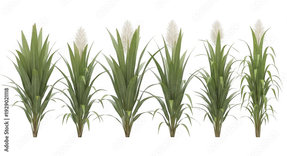 Fototapeta premium A set of five green plants with white flowers isolated on transparent background