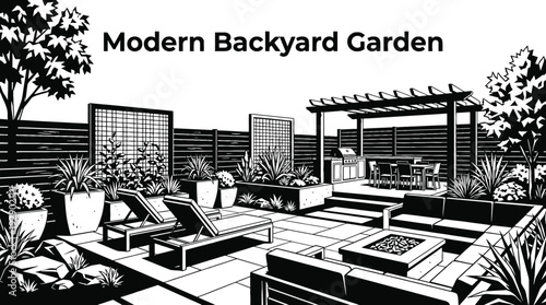 modern backyard garden with a patio and seating area black and white representing outdoor living and contemporary home design