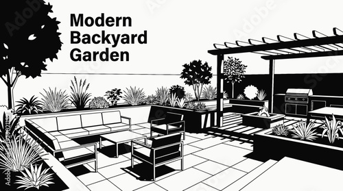 modern backyard garden with a patio and seating area black and white representing outdoor living and contemporary home design