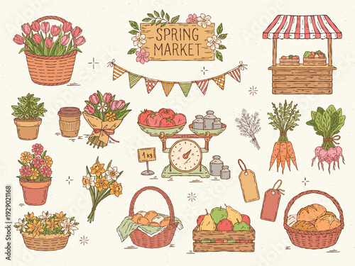 Colorful hand-drawn spring market vector set with vegetables, fruit crates, baskets with bread and eggs, coffee cup, flowers, potted plants, antique scales, and a market stall