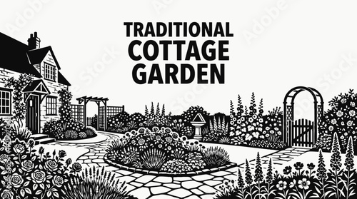 traditional cottage garden with flowers and pathways black and white vector representing classic countryside landscaping and rural lifestyle
