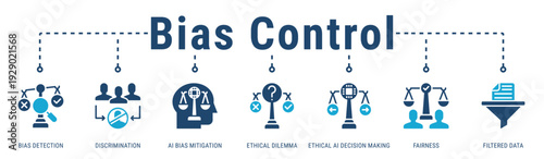 Bias & Fairness Control web banner icon vector illustration featuring Bias Detection, Discrimination and AI Bias Mitigation