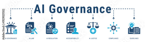 AI Governance & Law web banner icon vector illustration featuring AI Governance, AI Law and AI Regulation
