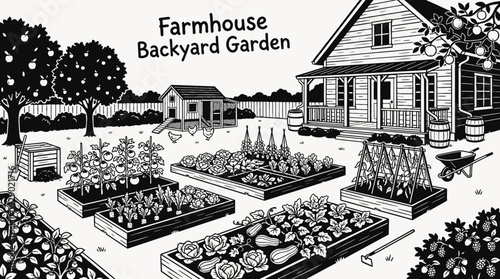 farmhouse backyard garden with vegetables and plants representing sustainable living and organic gardening