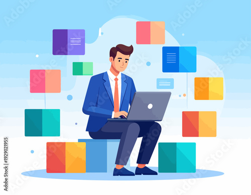 Businessman efficiently managing digital information and complex data networks using a laptop, symbolizing modern business solutions, workflow optimization, and technological processes