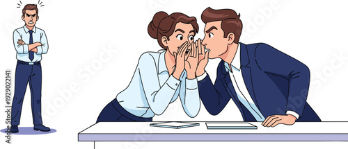 Colleagues Whispering Office Gossip While Angry Boss or Manager Watches from the Background