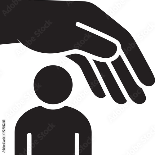 Icon of a protective hand hovering over a person symbol, representing care, safety, insurance, and human resource support