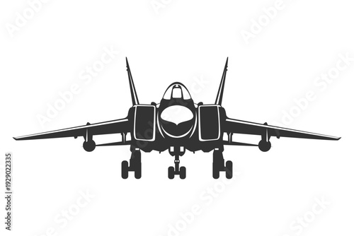 Vector illustrations MiG-31 fighter jet in black and white color from ahead. Silhouette MiG-31 military aircraft design from front view. Monochrome drawing Soviet era combat aeroplane MiG-31.