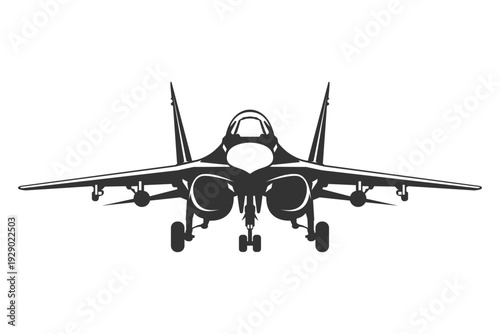 Silhouette MiG-29 military aircraft design from front view. Vector illustrations MiG-29 fighter jet in black and white color from ahead. Monochrome drawing Soviet era combat aeroplane MiG-29.