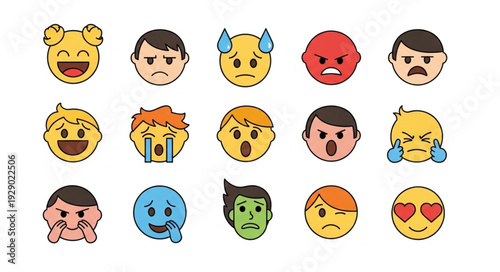 Collection of various emoji faces expressing different emotions and feelings in a row.