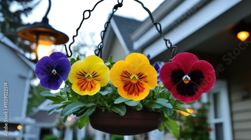 Colorful pansies in a hanging planter.
