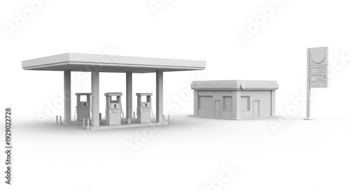 Gas station structure with fuel pumps and a small convenience store building in monochrome.