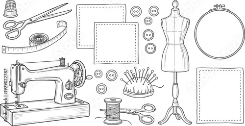 Vintage sewing tools and tailoring equipment illustration set, hand drawn sewing machine, mannequin, scissors and buttons for fashion design and craft workshopVintage sewing tools and tailoring equip