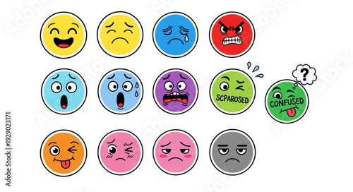 Collection of colorful emoji faces expressing various human emotions and feelings.