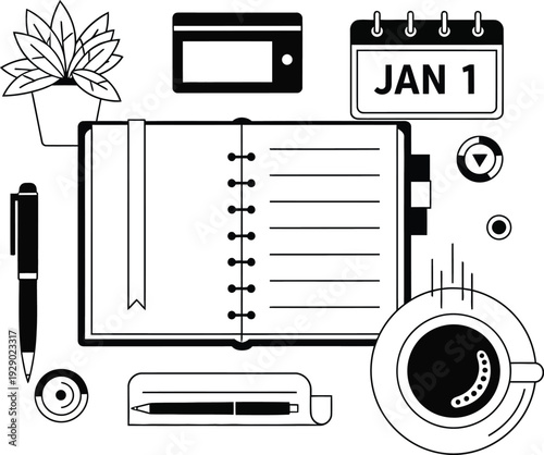 Planning and organization illustration with calendar, notebook, coffee, and stationery on a clean background, wqe (184) reference