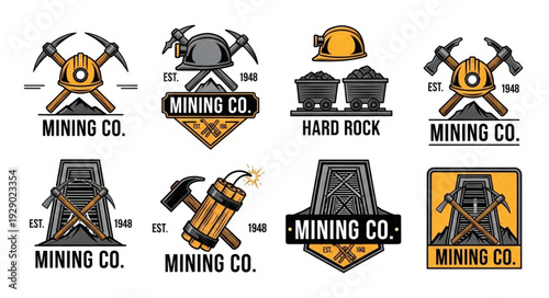 Collection of mining company logos with tools and equipment illustrations.