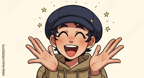 Joyful cartoon character with open arms and a radiant smile, wearing a hat.