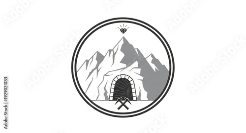 Mountainous landscape with a mine entrance and crossed pickaxes, circular design.