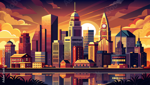 Very beautiful Philadelphia downtown skyline glowing at sunset, golden reflections bathing glass towers and historic rooftops, warm evening atmosphere capturing the vibrant urban charm of Pennsylvania